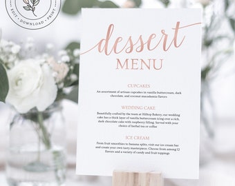 Dessert Table Sign, Dessert Menu Template, Rose Gold Wedding Menu Cards