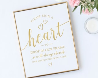 Sign A Heart Guestbook Sign, Wedding Guest Book Sign, Alternative Guestbook, Gold Wedding Signs Printable