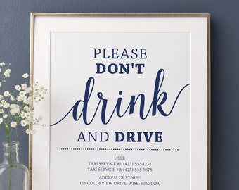 Don't Drink and Drive Sign / Wedding Bar Sign, Printable Taxi Wedding Sign / Navy Wedding Decorations Instant Download