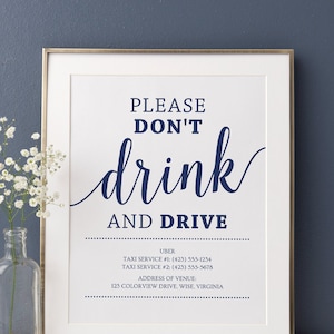 Don't Drink and Drive Sign / Wedding Bar Sign, Printable Taxi Wedding Sign / Navy Wedding Decorations Instant Download