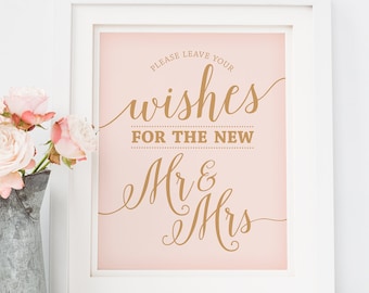 Leave Your Wishes Sign Printable / Wedding Advice Sign, Guestbook Sign / Blush Pink Wedding Signs