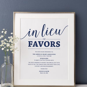 In Lieu of Favors Sign, Navy Wedding Signs Printable Donation Sign, In Lieu of Favors Template Wedding Signage Instant Download