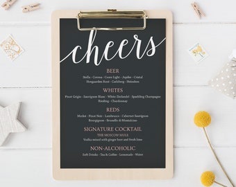 Wedding Drink Menu Template, Bar Menu Wedding, Wedding Menu Template, Bar Menu Sign, Printable Wedding Signs Chalkboard