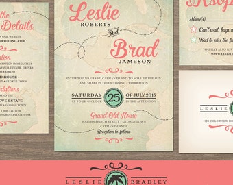 Coral And Turquoise Wedding Invitations Etsy