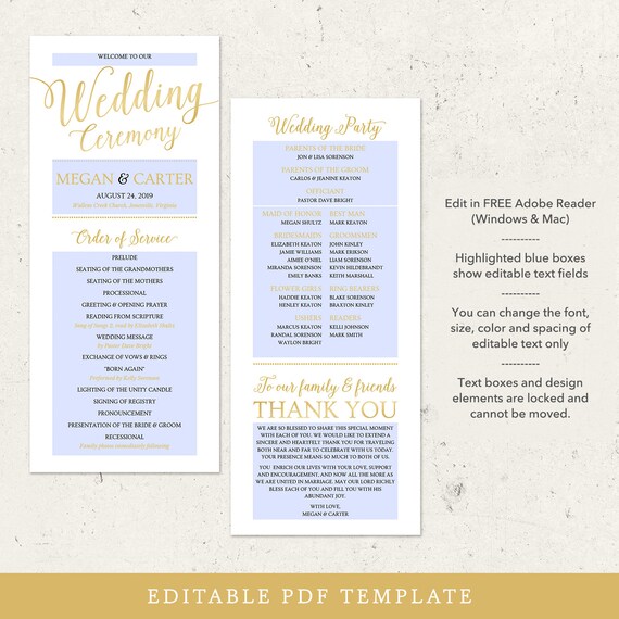 Gold Wedding Program Template Wedding Ceremony Program Diy Etsy