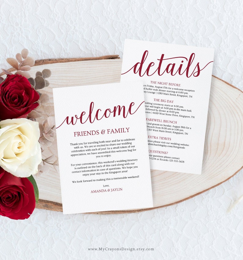 Wedding Welcome Letter Template Burgundy Wedding Itinerary Etsy