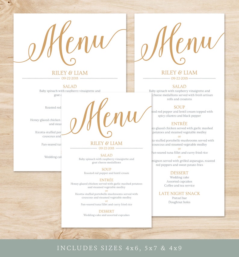 Gouden bruiloft menukaarten, rustieke bruiloft menusjabloon goud, afdrukbare menusjabloon afbeelding 2