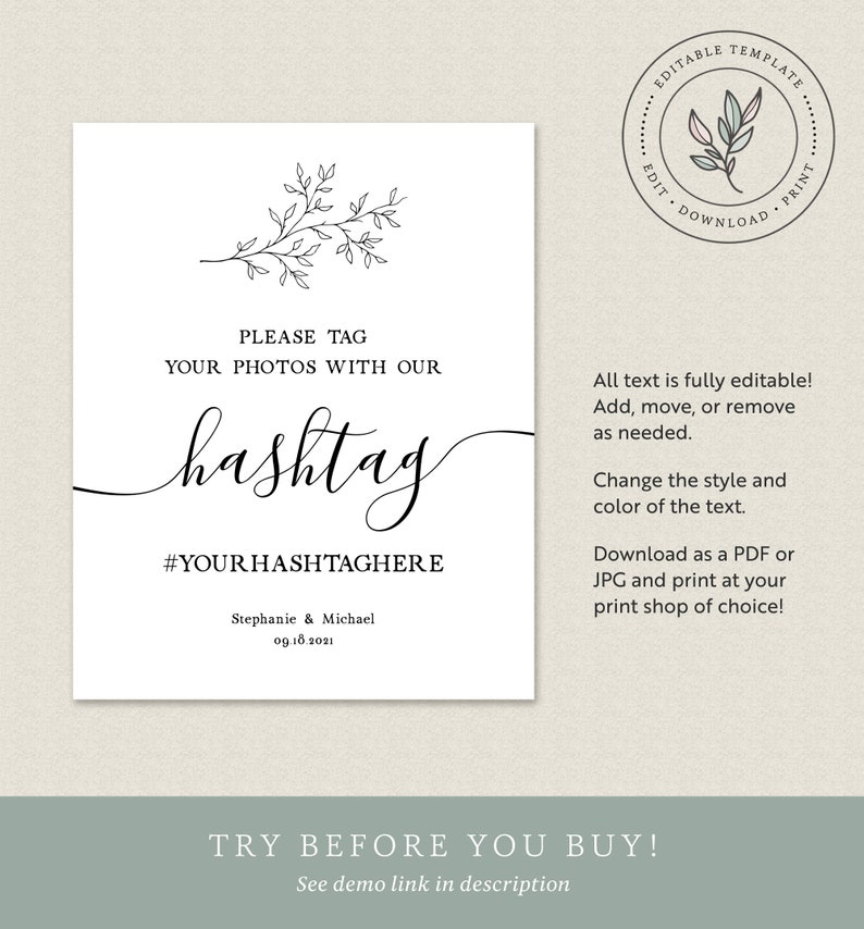 Wedding Hashtag Sign Printable Rustic Wedding Decor Editable - Etsy