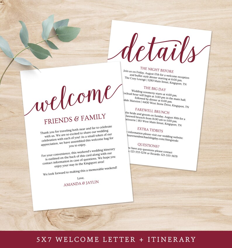 Wedding Welcome Letter Template Burgundy Wedding Itinerary Etsy