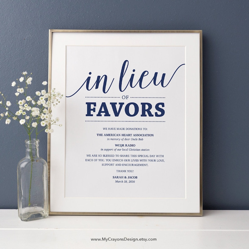 In Lieu of Favors Sign, Navy Wedding Signs Printable Donation Sign, In Lieu of Favors Template Wedding Signage Instant Download image 1