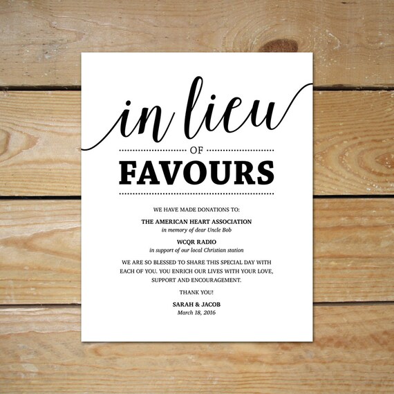 In Lieu Of Favours Sign Printable Black Printable Wedding Etsy