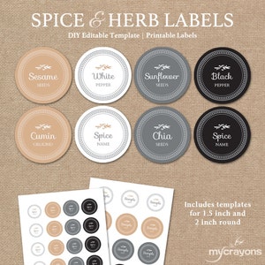 Editable Spice Labels Printable // DIY Printable Kitchen Labels // Round Spice & Herb Labels // 1.5 Inch Round Sticker, Neutral Earth Colors