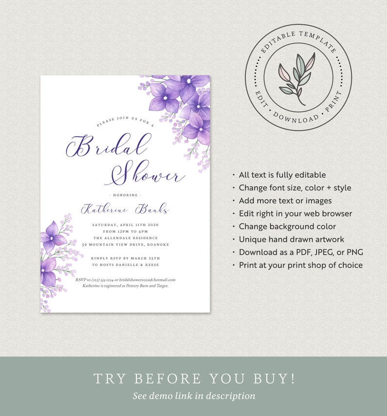 Purple Bridal Shower Invitation Template Floral Bridal Shower - Etsy