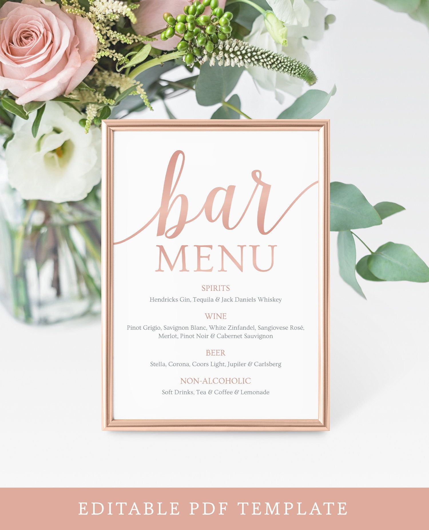 Wedding Bar Menu Template / Rose Gold Wedding Bar Sign / Rose Etsy