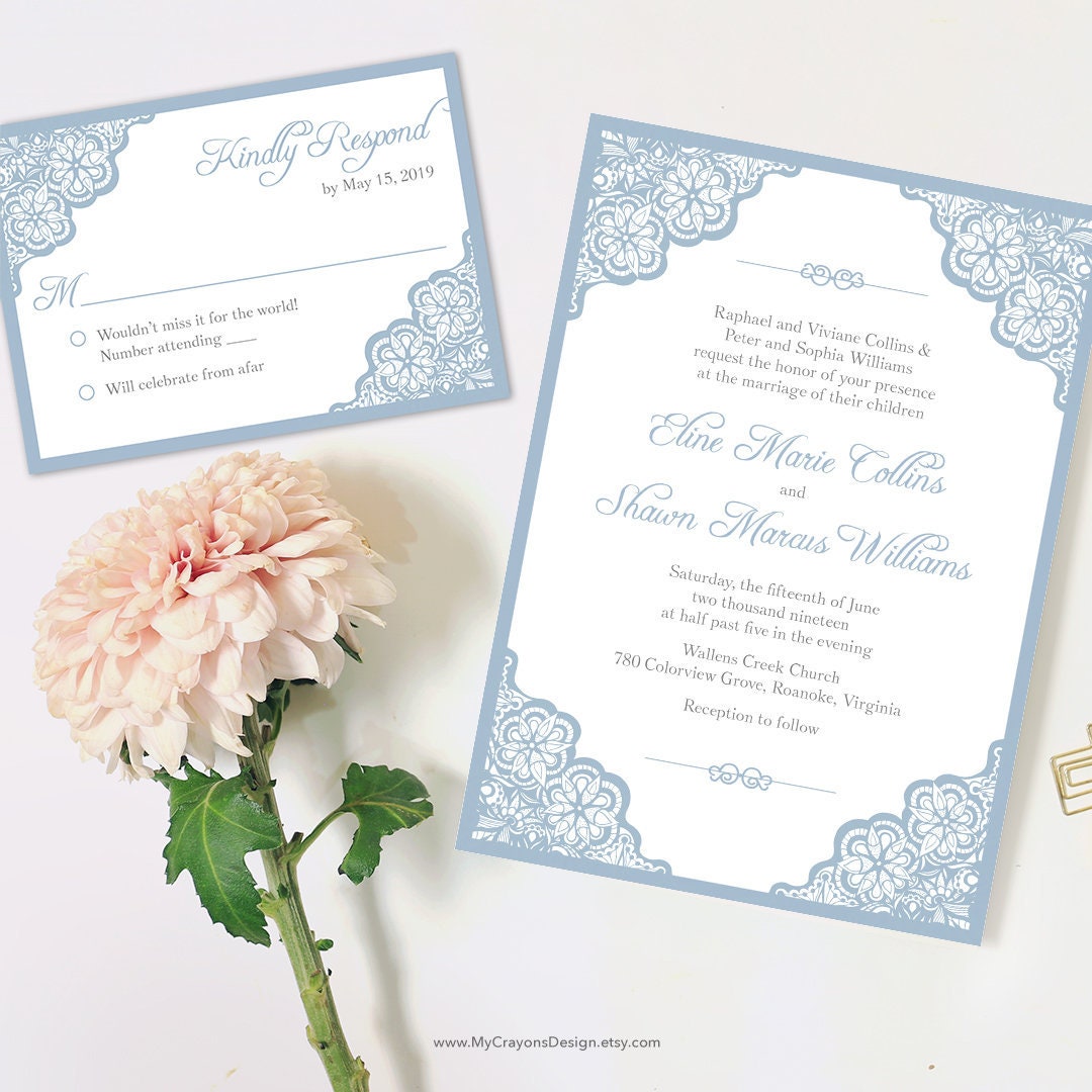 Light Blue Wedding Invitations Printable Lace Wedding Etsy