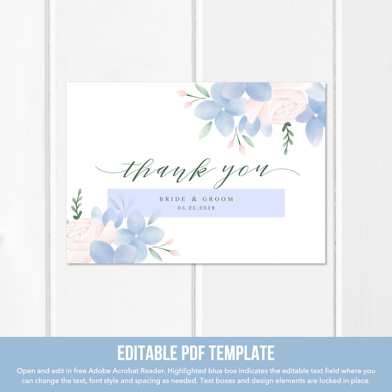Hydrangea Thank You Template Dusty Blue Thank You Cards Wedding Printable Floral Thank You Card