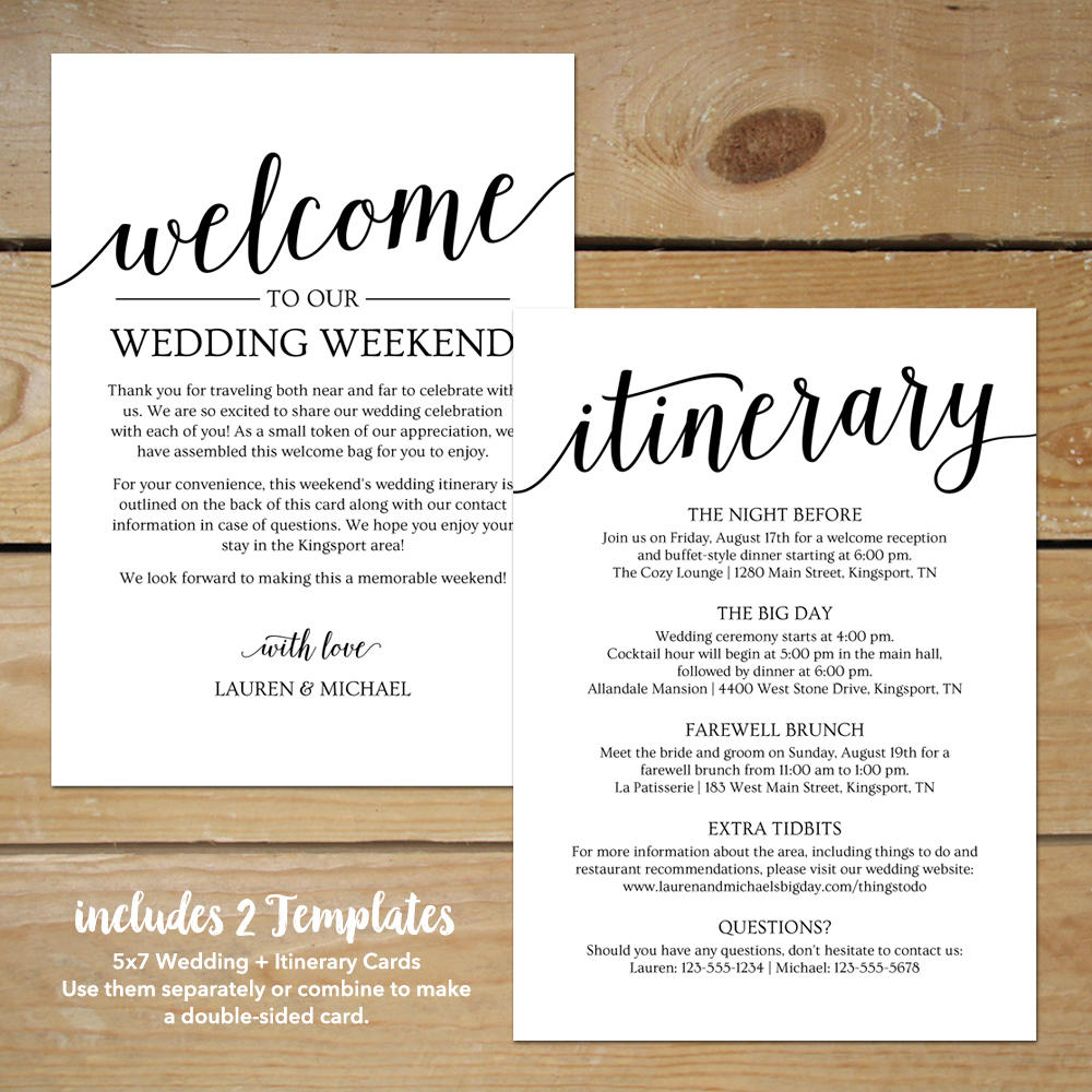 Card Wedding Welcome Sign Note Itinerary Back Bag Front Laurel Branch, Template, Designer Online