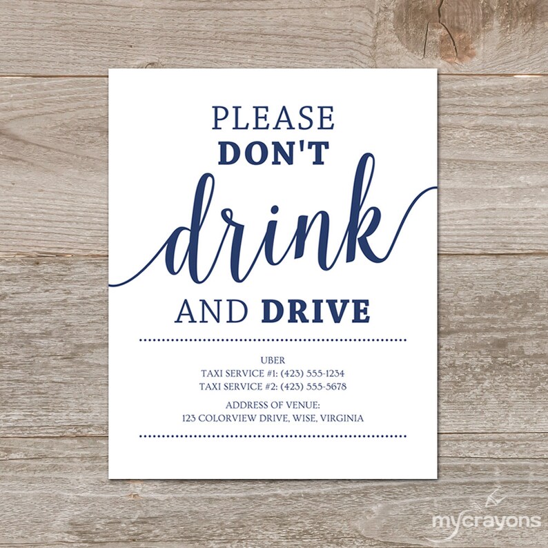 Don't Drink and Drive Sign / Wedding Bar Sign Printable Etsy