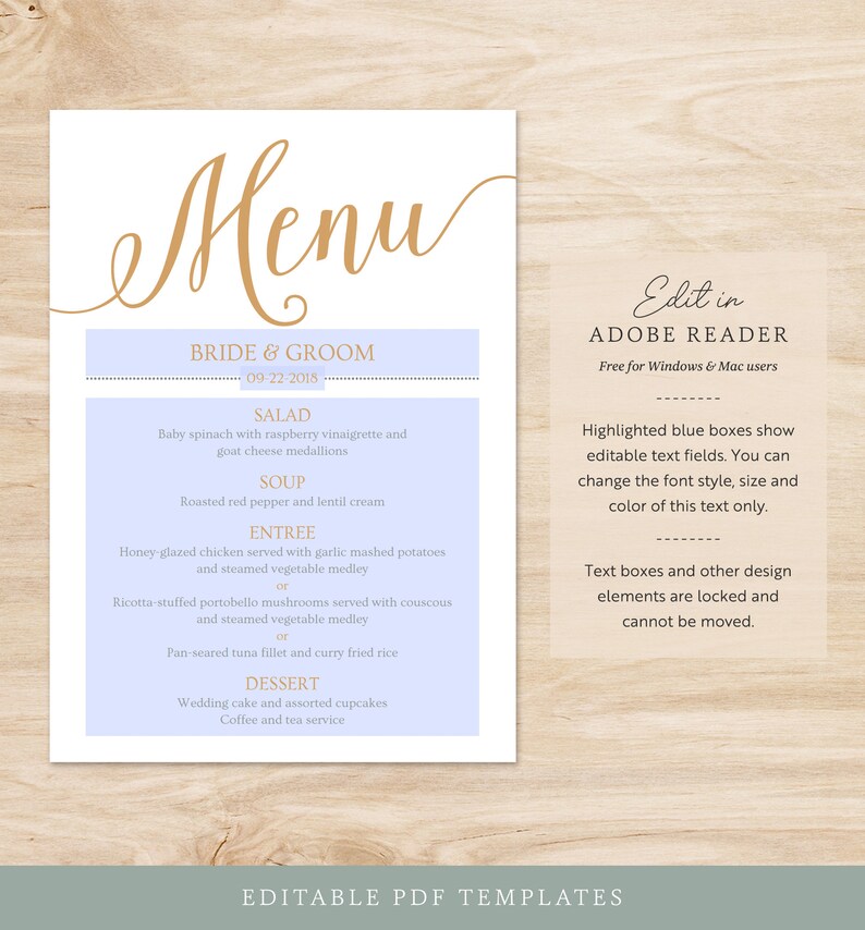 Gold Wedding Menu Cards, Rustic Wedding Menu Template Gold, Printable Menu Template image 3