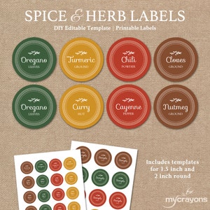 Editable Spice Jar Labels // DIY Printable Kitchen Labels // Round Spice & Herb Labels // Round Sticker, Gift for Mom, Kitchen Gift