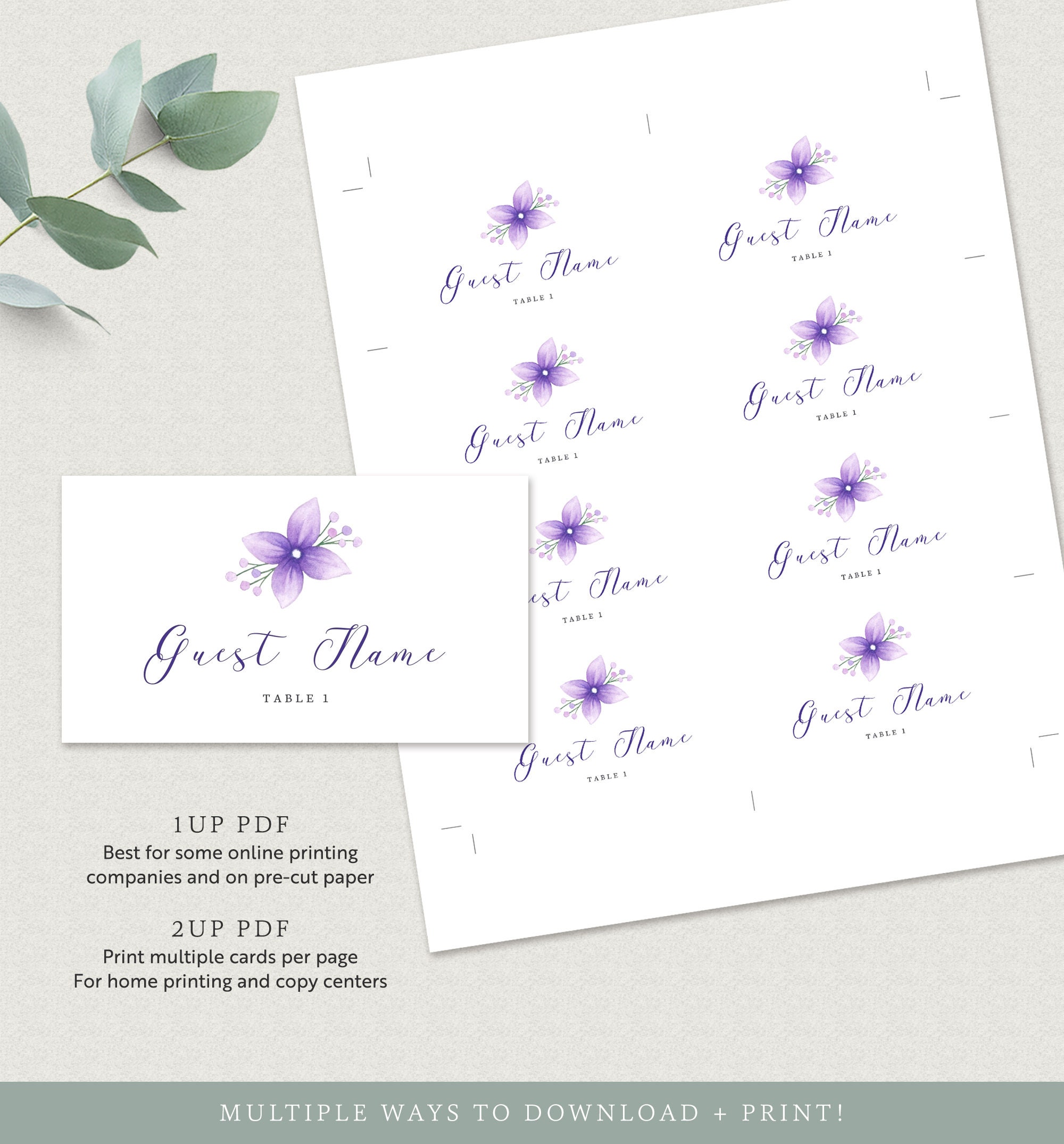 Purple Wedding Place Cards Template Floral Wedding Name Cards | Etsy