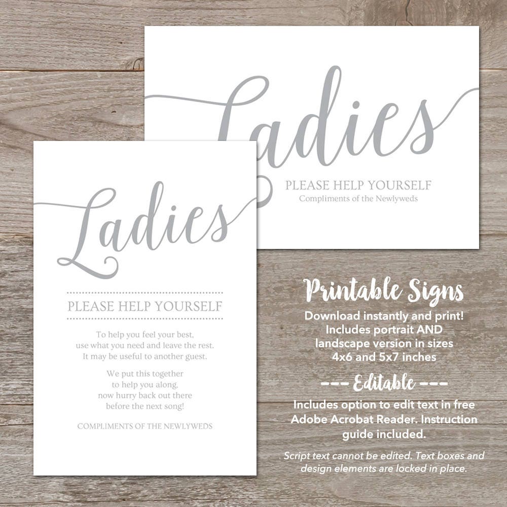 Silver Bathroom Basket Wedding Sign / Editable Bathroom Basket Etsy