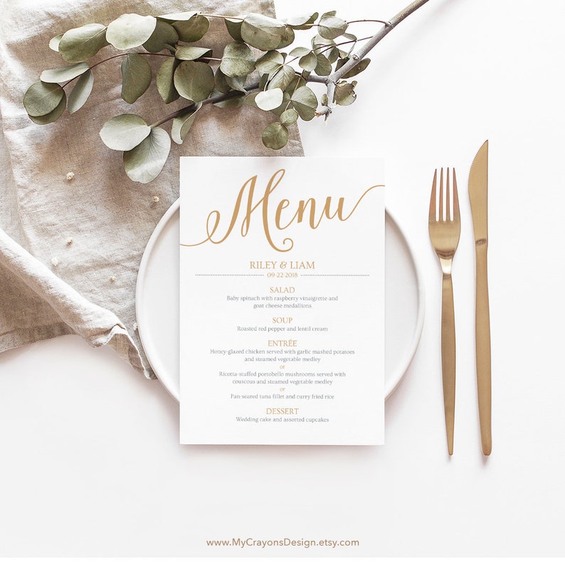 Gouden bruiloft menukaarten, rustieke bruiloft menusjabloon goud, afdrukbare menusjabloon afbeelding 1
