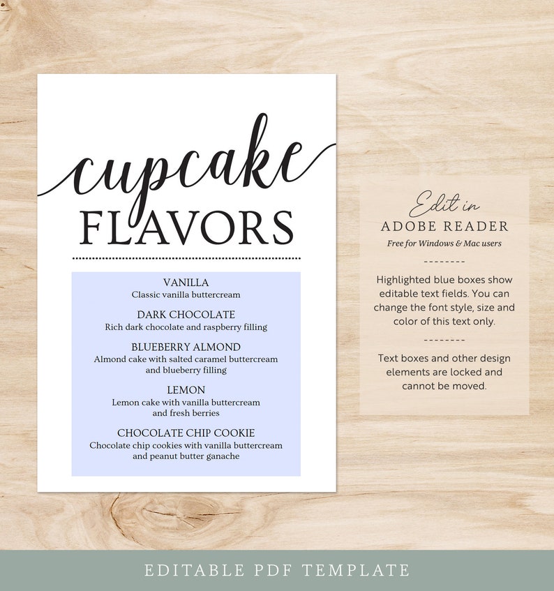 Cupcake Flavor Sign, Cupcake Sign Wedding, Dessert Table Sign, Printable Wedding Signs, Cupcake Menu Template image 2