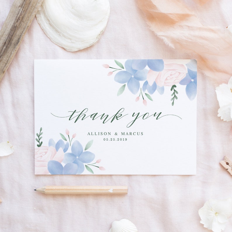 Hydrangea Thank You Template Dusty Blue Thank You Cards Wedding Printable Floral Thank You Card