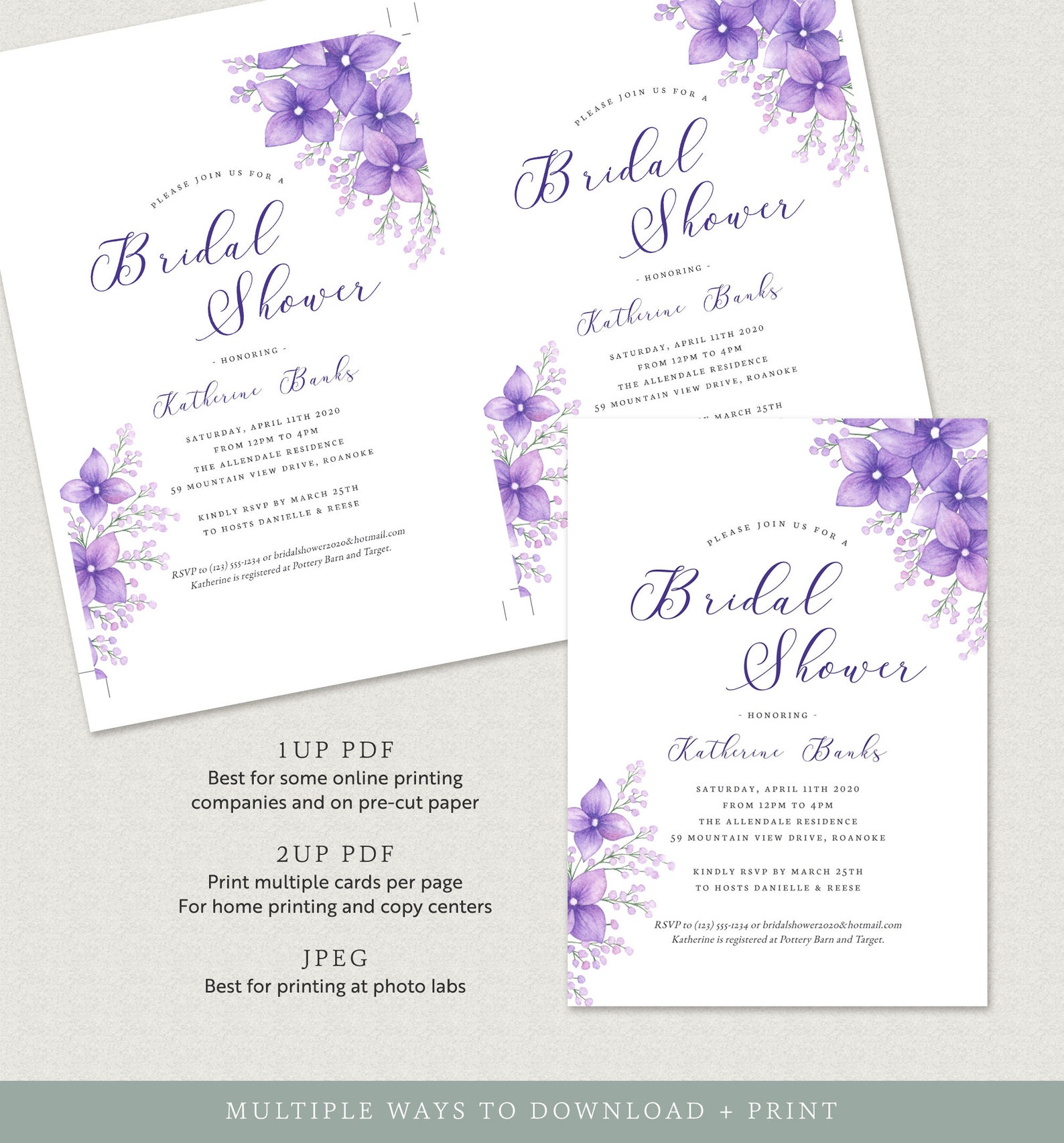 Purple Bridal Shower Invitation Template Floral Bridal Shower | Etsy