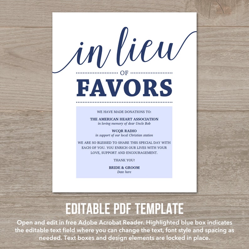 In Lieu of Favors Sign, Navy Wedding Signs Printable Donation Sign, In Lieu of Favors Template Wedding Signage Instant Download image 2