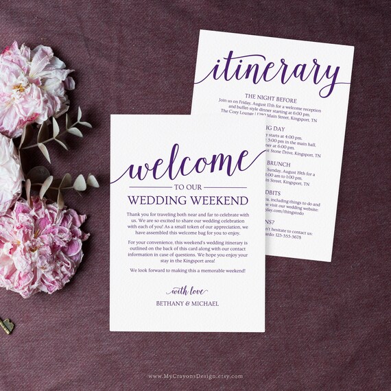 Purple Wedding Itinerary Cards Welcome Letter Template Etsy