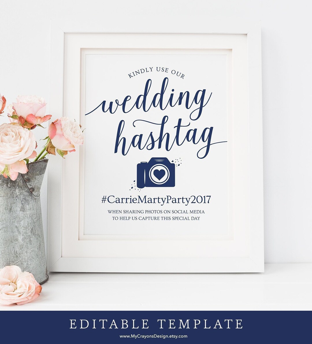 Navy Wedding Hashtag Sign Printable / Editable Hashtag Printable Sign ...