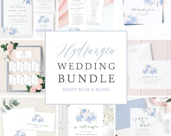 Hydrangea Wedding Invitation Bundle, Floral Wedding Invitations Template, Editable, Dusty Blue, Blush