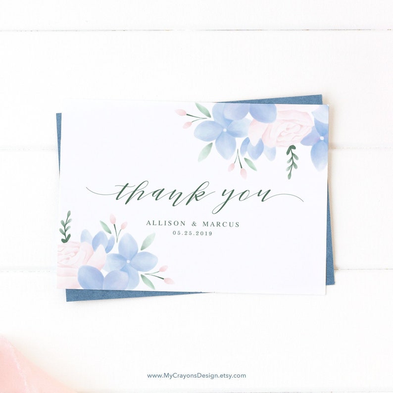 Hydrangea Thank You Template Dusty Blue Thank You Cards Wedding Printable Floral Thank You Card