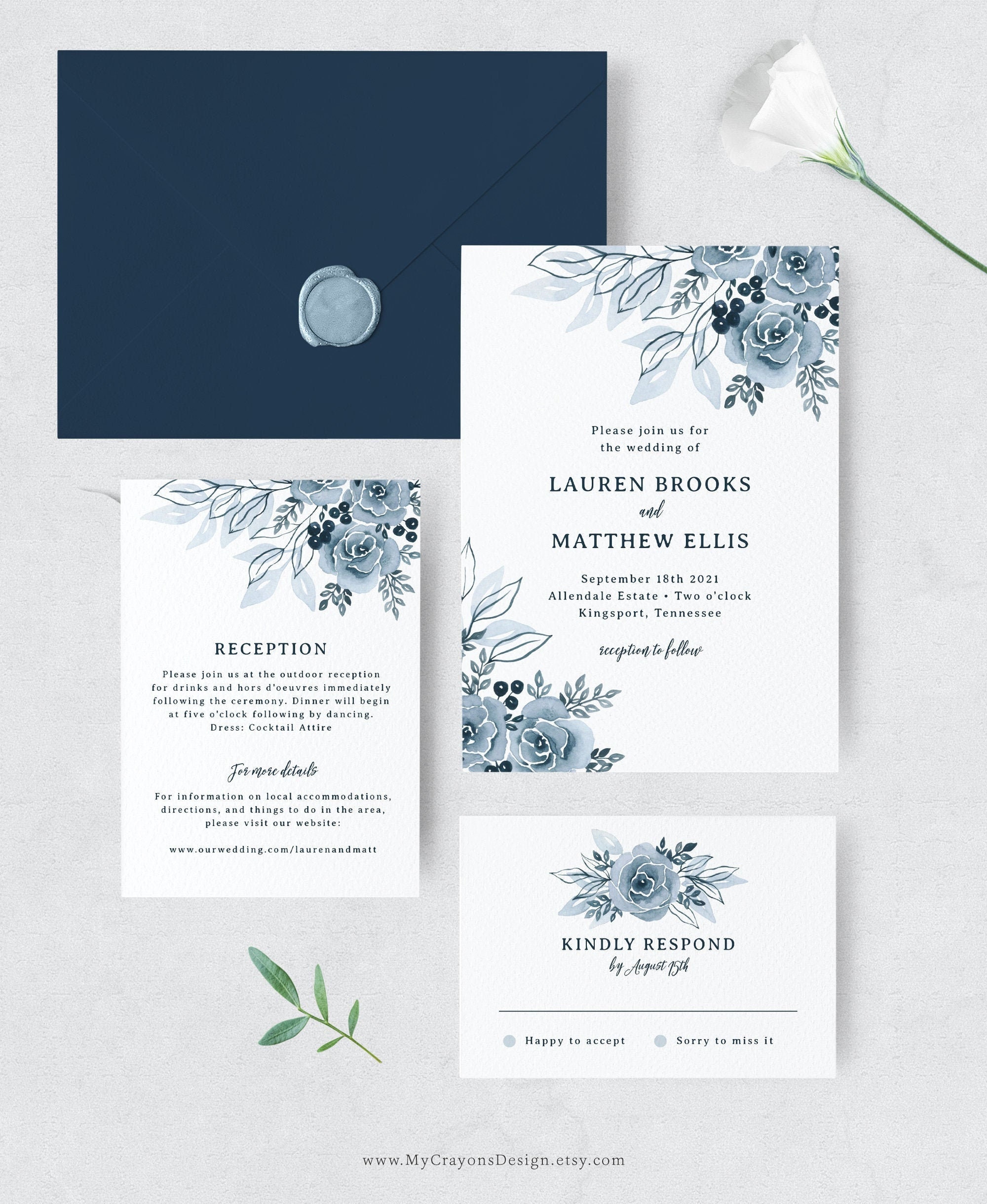 Dusty Blue Wedding Invitations Diy Floral Wedding Invitation | Etsy