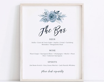 Wedding Bar Menu Template, Drink Menu Sign, Dusty Blue, Editable Bar Menu Wedding, Instant Download