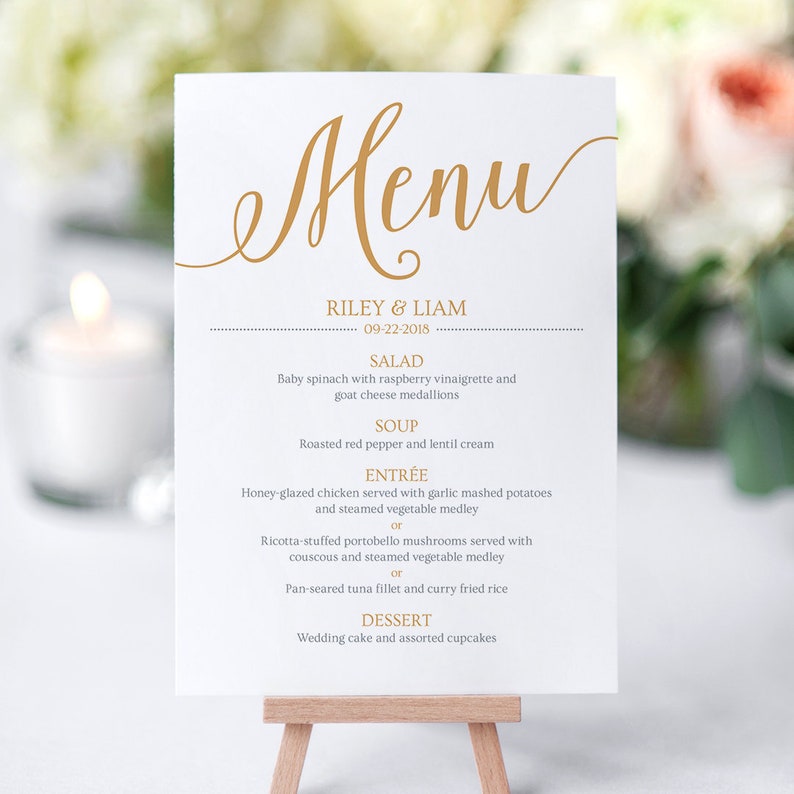 Gouden bruiloft menukaarten, rustieke bruiloft menusjabloon goud, afdrukbare menusjabloon afbeelding 10