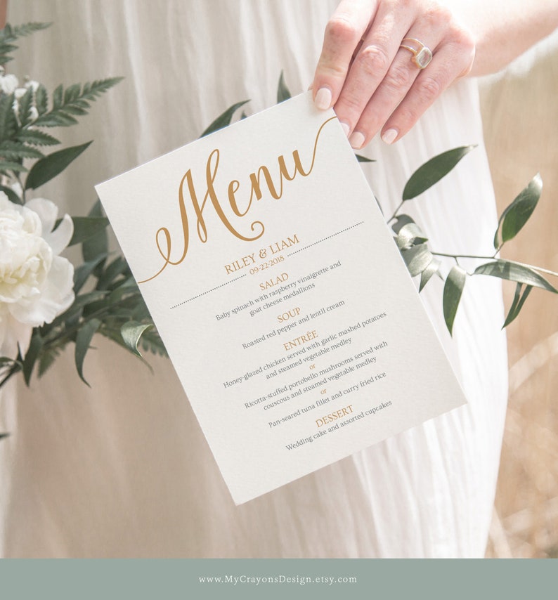 Gouden bruiloft menukaarten, rustieke bruiloft menusjabloon goud, afdrukbare menusjabloon afbeelding 4