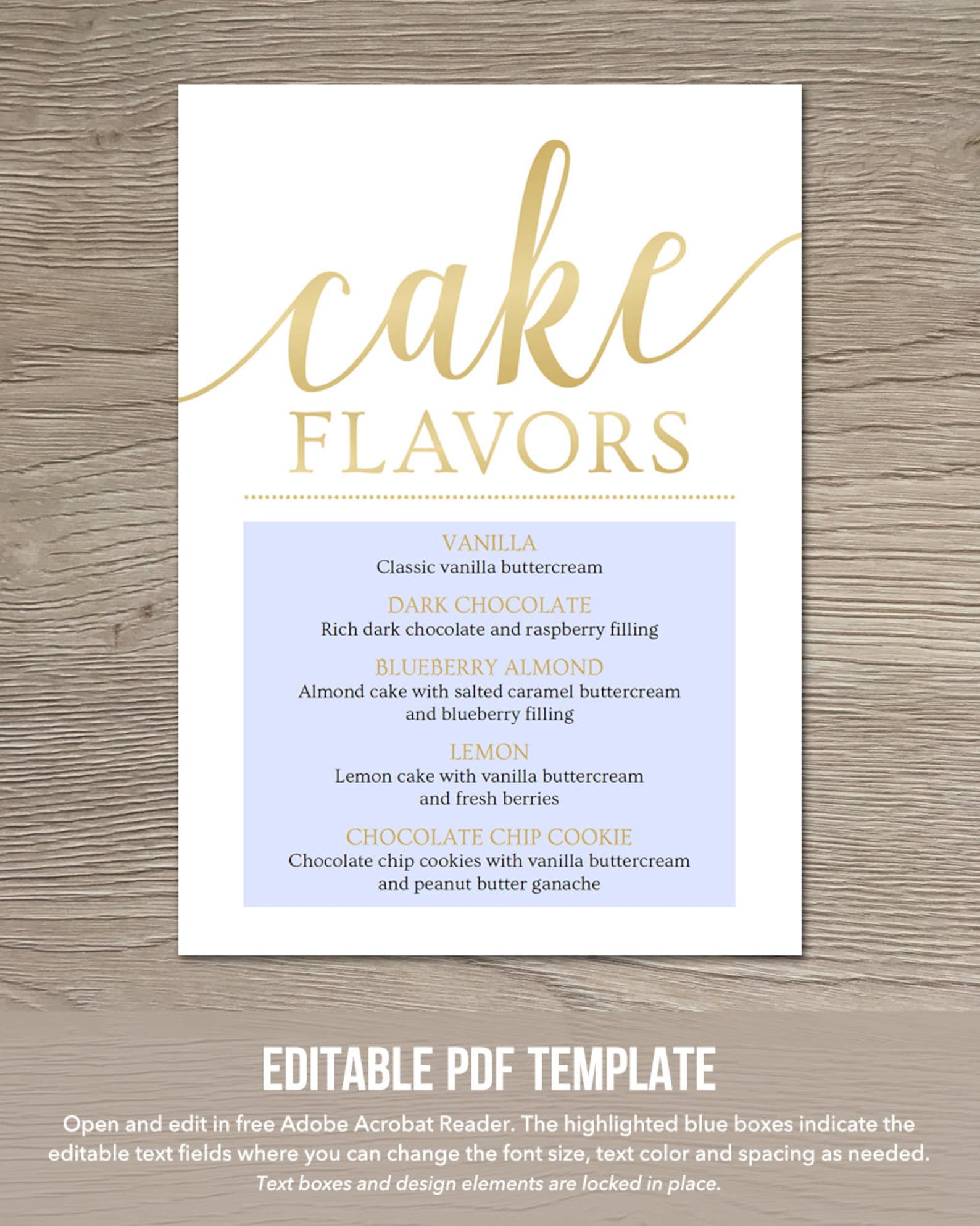 Cake Flavors Sign Cake Table Sign Wedding Menu Template Etsy