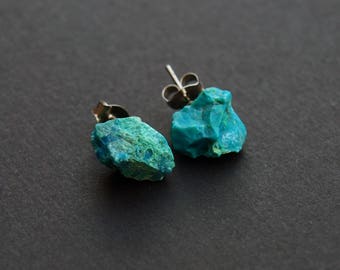 Raw Chrysocolla Chunk Earrings,  Rock Stud Earrings, Crystal Earrings