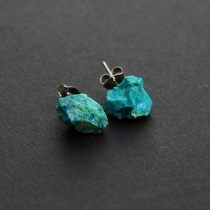 Raw Chrysocolla Chunk Earrings, Rock Stud Earrings, Crystal Earrings image 1