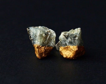 Gold & Raw Emerald Earrings, Emerald Studs