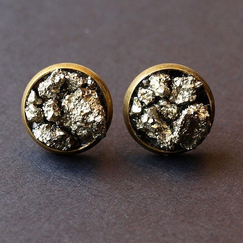 Raw Pyrite Chunk Earrings Geo Earrings Rock Stud Earrings Etsy