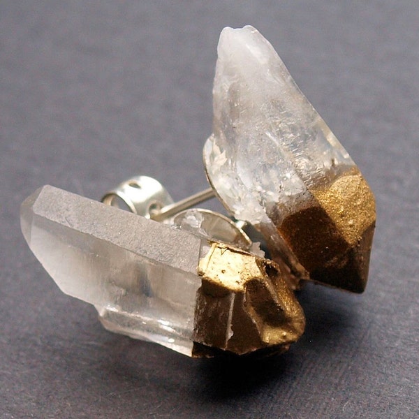 Gold & Raw Quartz Chunk Earrings, Geo Earrings, Rock Stud Earrings, Crystal Earrings