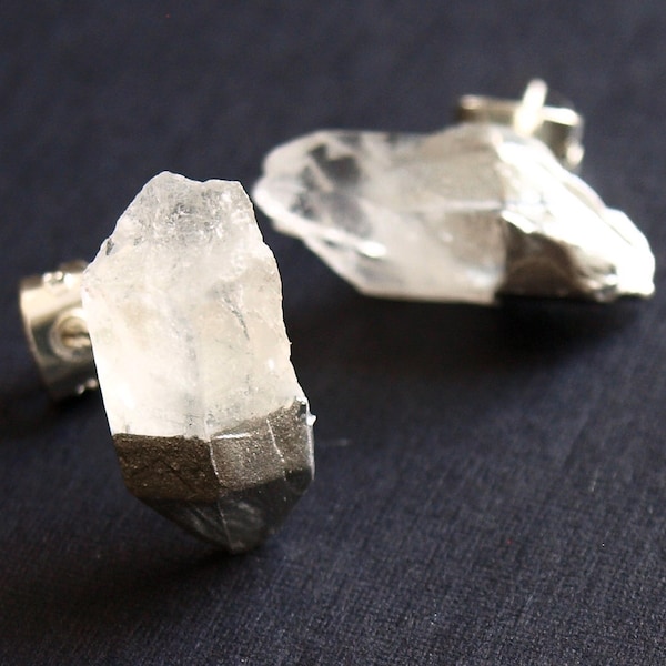 Silver & Raw Quartz Chunk Earrings, Geo Earrings, Rock Stud Earrings, Crystal Earrings