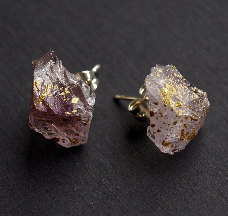 Gold Splatter & Raw Amethyst Chunk Earrings, Geo Earrings, Rock Stud Earrings, Crystal Earrings image 3