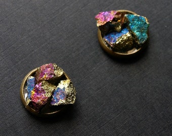 Peacock Ore Cluster Stud Earrings, Raw Peacock Ore Earrings