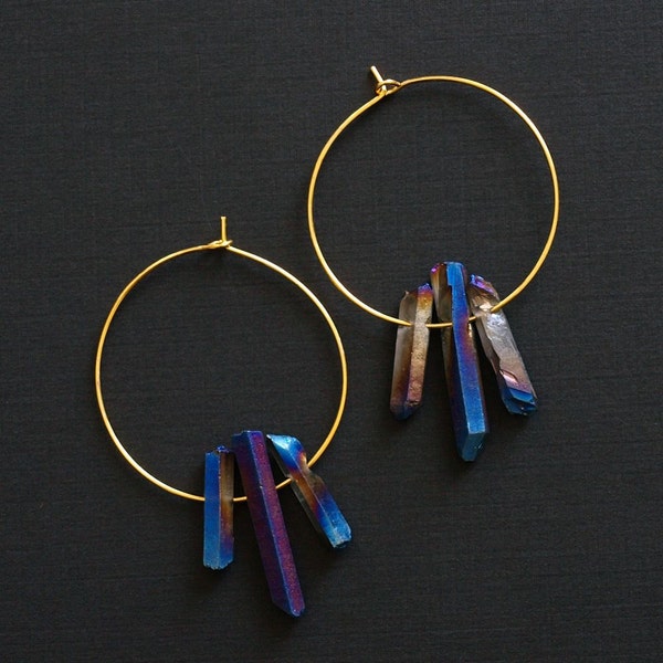 Blue Quartz Hoop Earrings, Raw Quartz Point Earrings