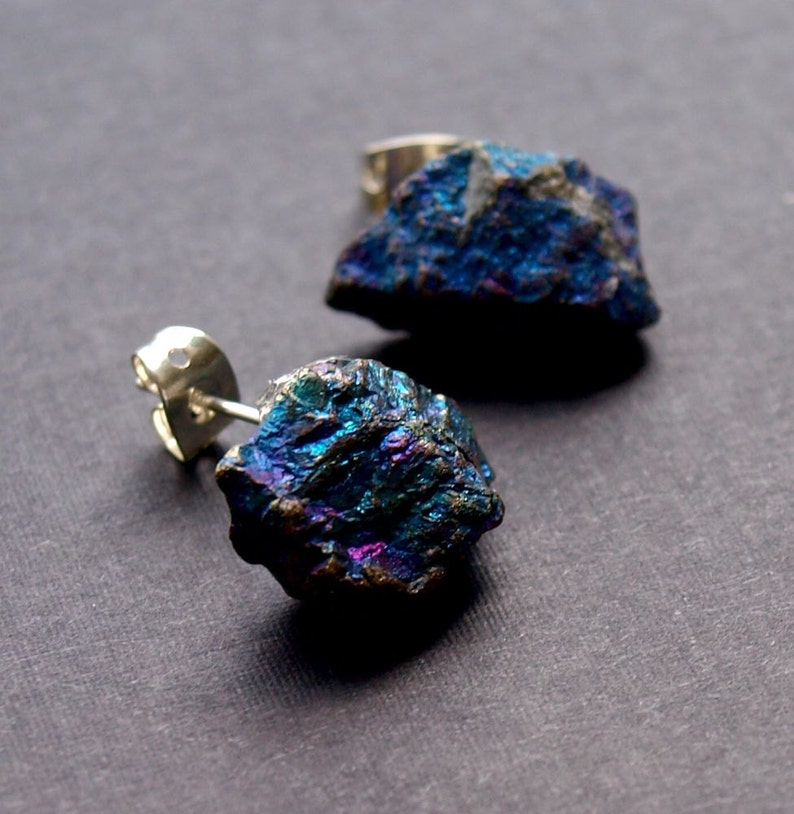 Raw Peacock Ore Chunk Earrings, Geo Earrings, Rock Stud Earrings image 1